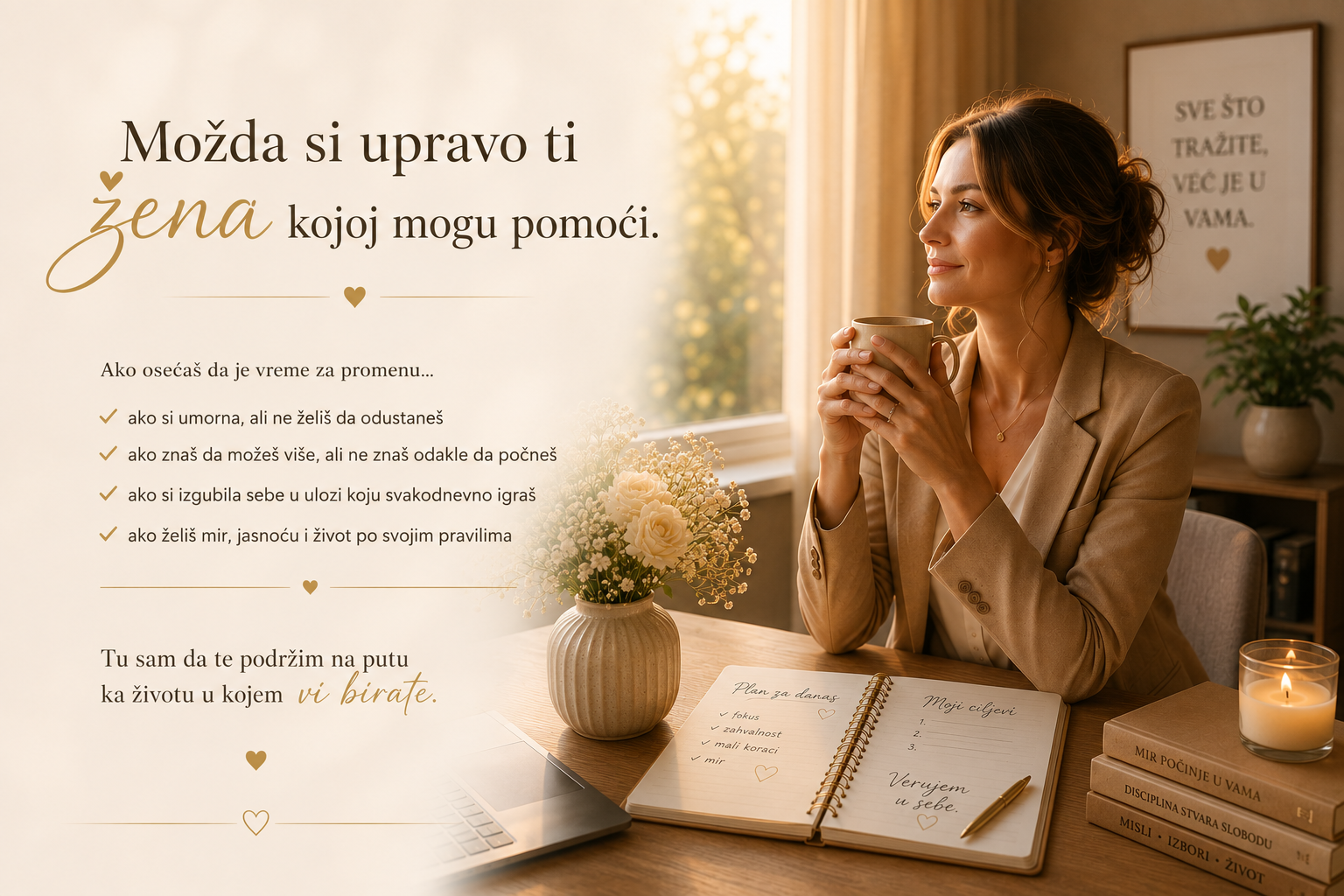 Poslovna žena razmišlja uz šolju kafe